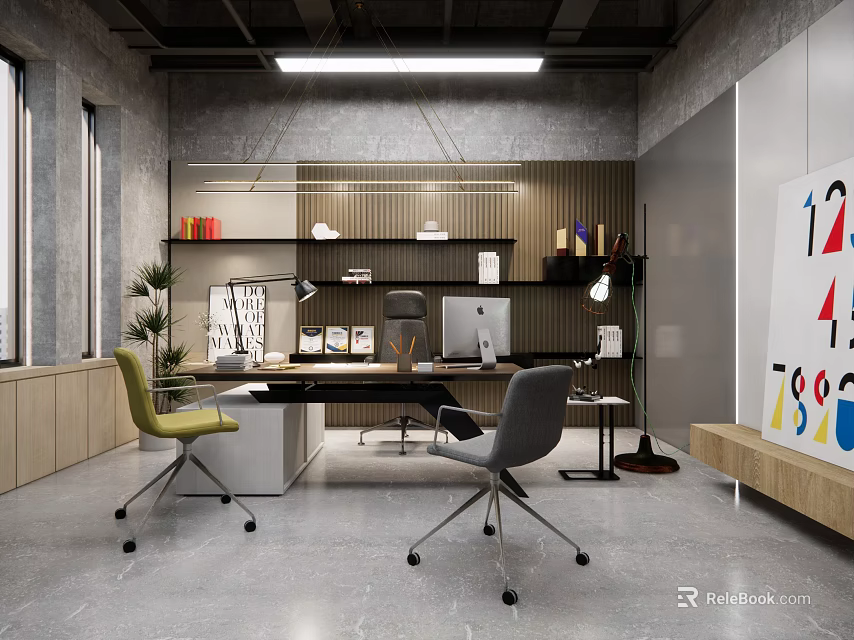Modern Office Interior Design With Desk Green Gray Chairs Shelves And Wall Art 3d model 