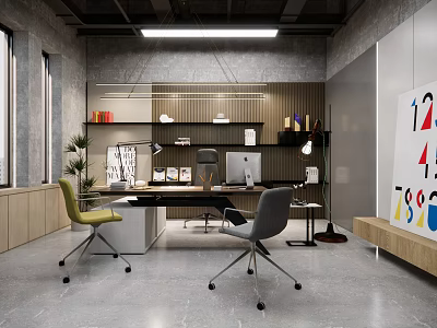 Modern Office Interior Design With Desk Green Gray Chairs Shelves And Wall Art 3d model