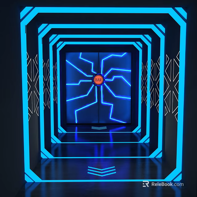 Modern Cyber Cafe With Blue Neon Lights And Futuristic Entrance Design 3d model 