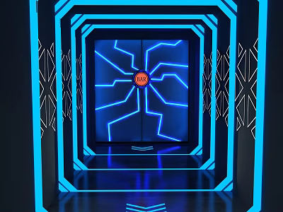 Modern Cyber Cafe With Blue Neon Lights And Futuristic Entrance Design 3d model