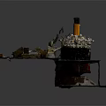 Detailed Ship Model with Yellow Funnels Red Hull in Dockside Diorama Including Railway Track