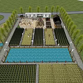 Rural Agricultural Park Layout With Organized Farm Fields Central Water Pond And Surrounding Trees
