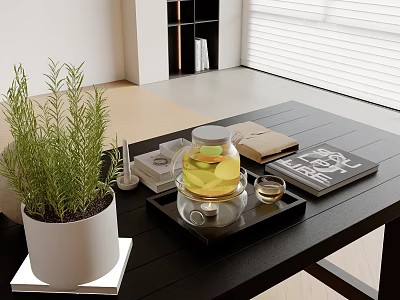 Modern Table Ornaments Combination Books Potted Tea Set Teapot 3d model