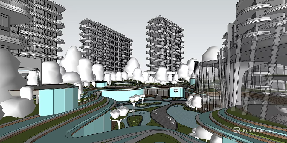 Modern High Rise Residential Complex With Open Green Spaces And Water Features 3d model 
