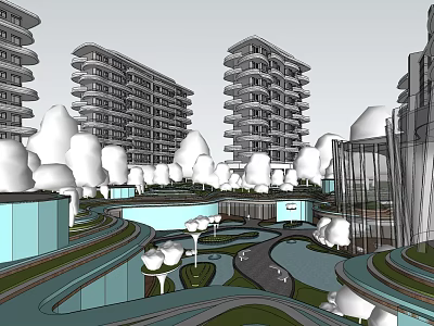 Modern High Rise Residential Complex With Open Green Spaces And Water Features 3d model