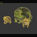 3D Frog Characters With Large Green Frog And Two Small Orange Frogs On Reflective Surface 3d model