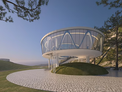 Modern Road Facilities With Circular Glass Structure Cobblestone Path And Green Landscape 3d model