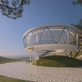 Modern Road Facilities With Circular Glass Structure Cobblestone Path And Green Landscape