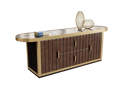 Modern Dining Table Sideboard With Glass Top Gold Frame And Brown Cabinet Decorative Ornaments 3d model