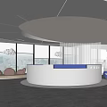 Modern Reception Area Design With Circular Ceiling Light Blue Countertop Glass Partitions And Marble Flooring