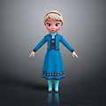 Blonde Girl 3D Character in Blue Decorative Dress Standing on Black Background with Reflection 3d model