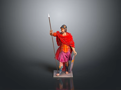 Man as Roman Soldier in Red Cloak Holding Spear and Shield Standing on Base 3d model