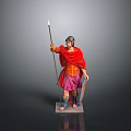 Man as Roman Soldier in Red Cloak Holding Spear and Shield Standing on Base