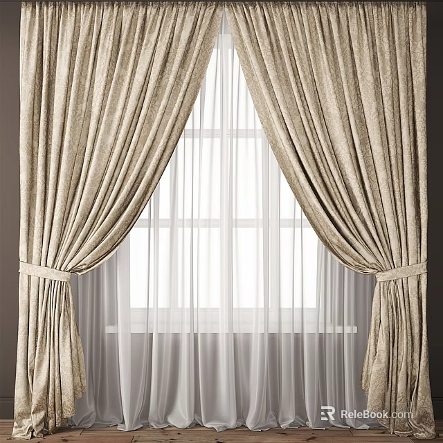 Beige Textured Curtains With White Sheer Panels And Tiebacks For Home Window Decor 3d model 
