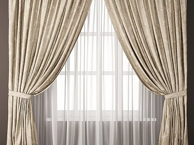 Beige Textured Curtains With White Sheer Panels And Tiebacks For Home Window Decor 3d model