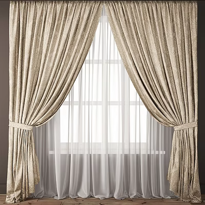 Beige Textured Curtains With White Sheer Panels And Tiebacks For Home Window Decor 3d model