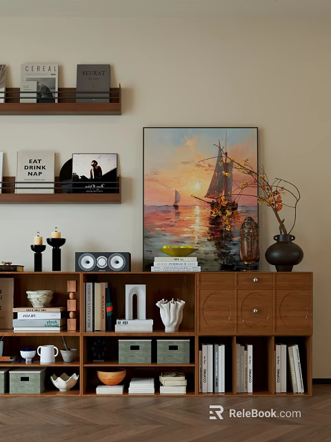 Modern Bookshelf Interior With Decorative Books Painting Vase And Ornaments 3d model 