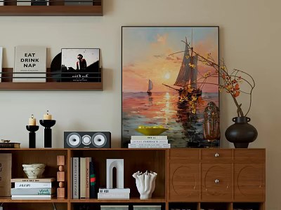 Modern Bookshelf Interior With Decorative Books Painting Vase And Ornaments 3d model