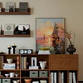 Modern Bookshelf Interior With Decorative Books Painting Vase And Ornaments
