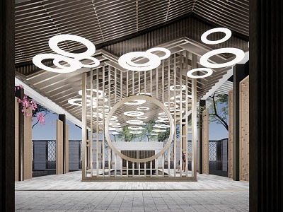 New Chinese Style Corridor Frame Entrance Porch Round Chandelier Community Entrance Lobby View Wall 3d model