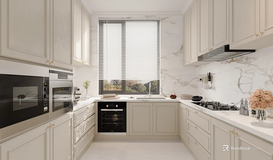 Light Modern Kitchen Interior With Marble Walls Built In Oven And Window Blinds 3d model 