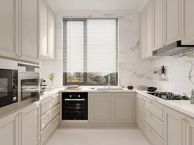 Light Modern Kitchen Interior With Marble Walls Built In Oven And Window Blinds 3d model
