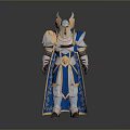 Mythical Knight in Blue and Gold Armor With Winged Helmet and Ornate Details