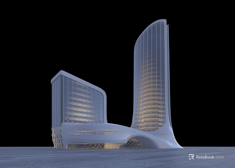 Modern Office Building With Two Tall Curved Structures Glass Curtain Walls And Lighting Effects 3d model 