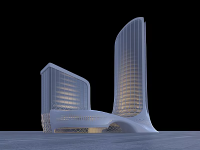 Modern Office Building With Two Tall Curved Structures Glass Curtain Walls And Lighting Effects 3d model
