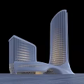 Modern Office Building With Two Tall Curved Structures Glass Curtain Walls And Lighting Effects