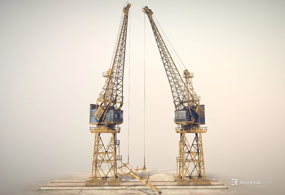 Industrial Tower Cranes With Stable Base And Metal Structure In Foggy Environment 3d model 
