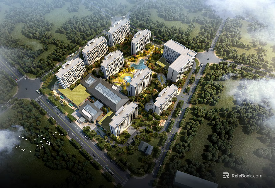 Residential Community Aerial Planning Featuring Multiple Buildings Central Green Spaces And Surrounding Trees 3d model 