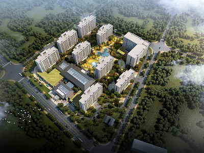 Residential Community Aerial Planning Featuring Multiple Buildings Central Green Spaces And Surrounding Trees 3d model