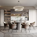 Modern Restaurant Open Kitchen Interior With Dining Table Chairs And Hanging Lights 3d model