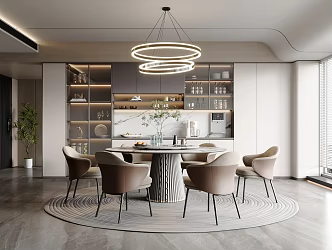 Restaurant Dining Chair Round Table Chandelier Wine Cabinet Potted Ornaments 3d model