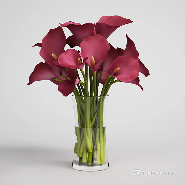 Purple Calla Lilies Arrangement in Clear Glass Vase with Green Stems on Light Background 3d model 