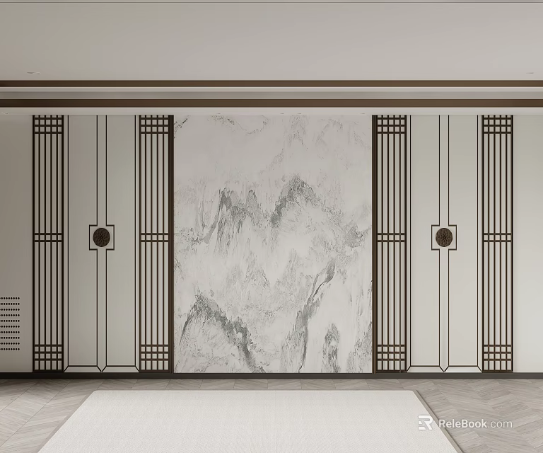New Chinese Style Sofa Background Wall With Marble Landscape And Wooden Grilles 3d model 