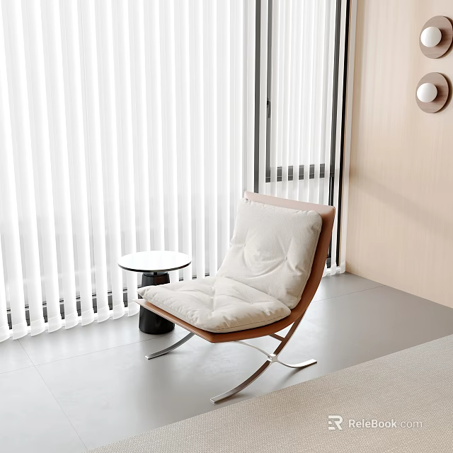 Modern Lounge Chair With Wooden Frame White Cushion And Small Round Table By White Blinds 3d model 