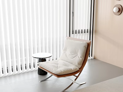 Modern Lounge Chair With Wooden Frame White Cushion And Small Round Table By White Blinds 3d model