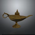Aladdin Genie And Antique Golden Lamp With Intricate Carvings And Decorative Base