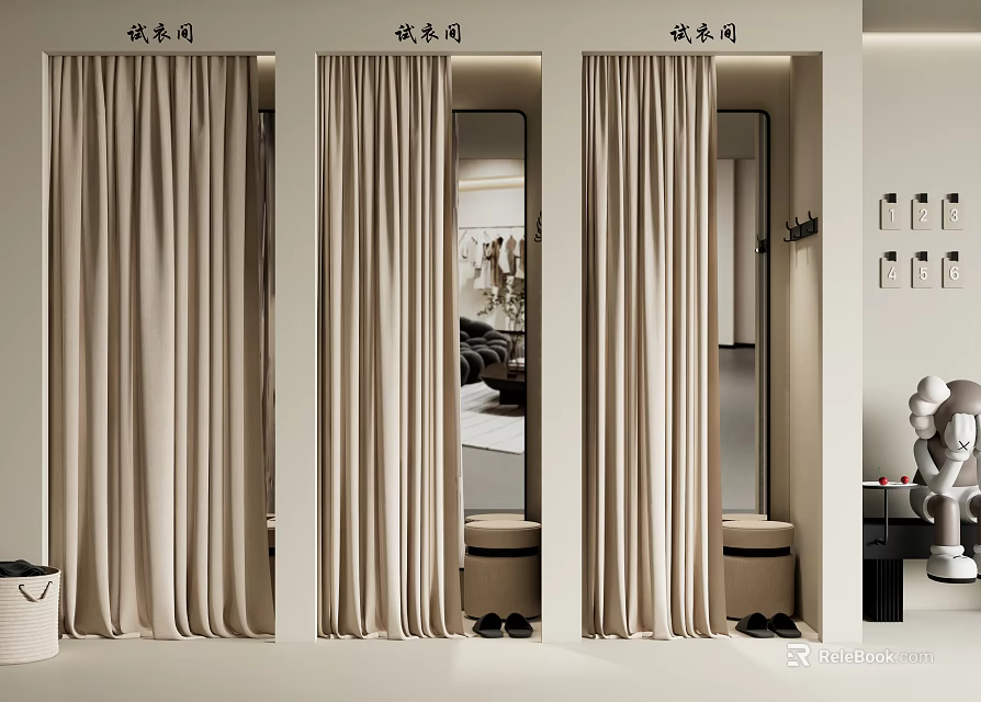Clothing Store Spacious Fitting Rooms With Beige Curtains Mirrors Hooks And Shoes 3d model 