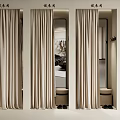 Clothing Store Spacious Fitting Rooms With Beige Curtains Mirrors Hooks And Shoes