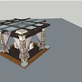 Pergola With Stone Pillars Wooden Frame Glass Roof White Curtains And Blue Tiles