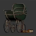 Vintage Green Baby Stroller With Metal Frame And Decorative Spoked Wheels