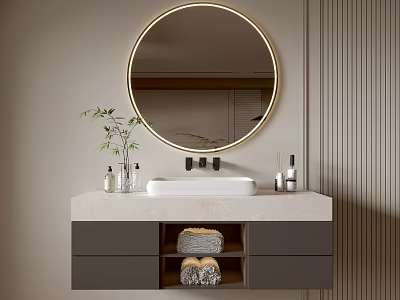 Modern Gray Bathroom Cabinet With Round Mirror White Sink Towels And Toiletries 3d model