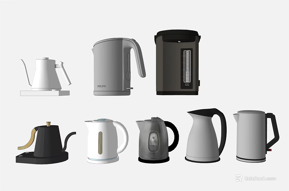Various Modern Electric Kettles in Different Colors as Essential Daily Home Appliances 3d model 