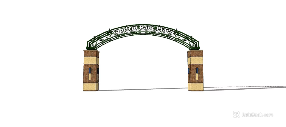 Arched Entrance Gate with Central Park Sign and Brick Stone Pillars 3d model 