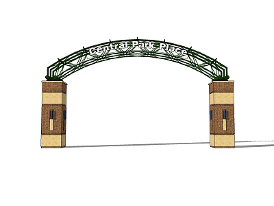 Arched Entrance Gate with Central Park Sign and Brick Stone Pillars 3d model