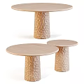 Round Wooden Coffee Table Set With Textured Cylindrical Bases And Modern Design