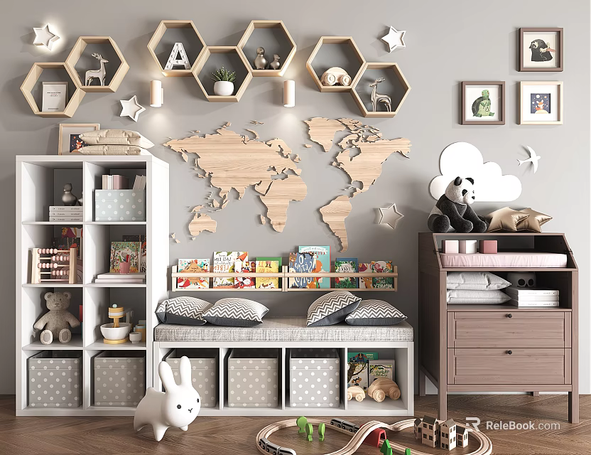 Kids Room Bookshelf With Storage Bins Toys And World Map Decor 3d model 